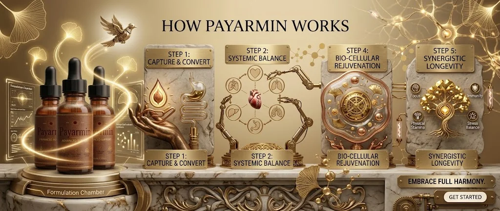 Brand infographic: how PayArmin works in four steps, capture and convert, systemic balance, bio-cellular rejuvenation and synergistic longevity
